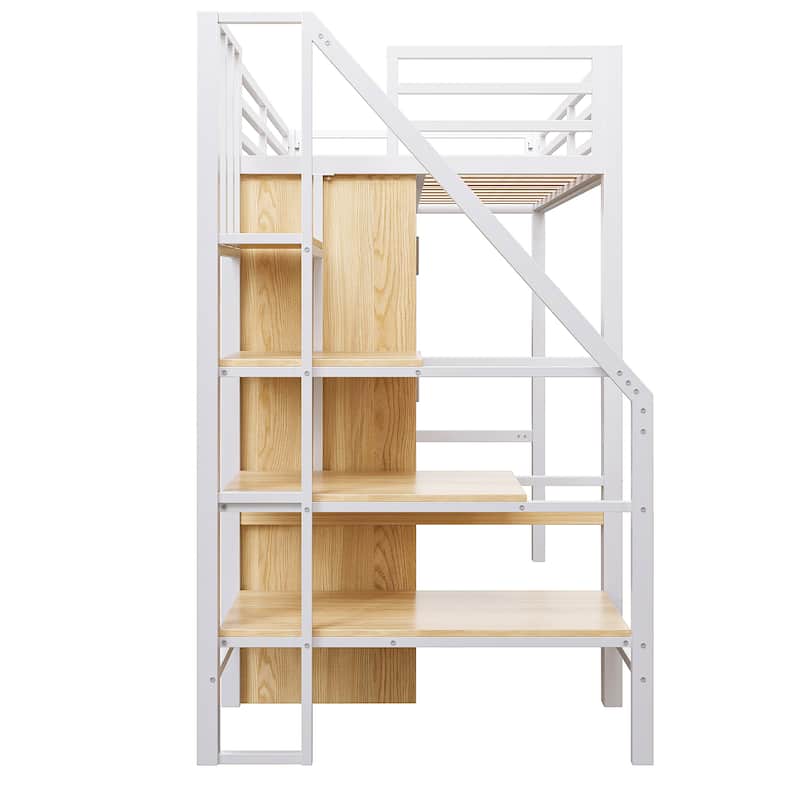 Twin Size Loft Bed with Storage Ladder, Metal Loft Bed Frame with Large Wardrobe & Desk for Teens Kids, No Box Spring Needed