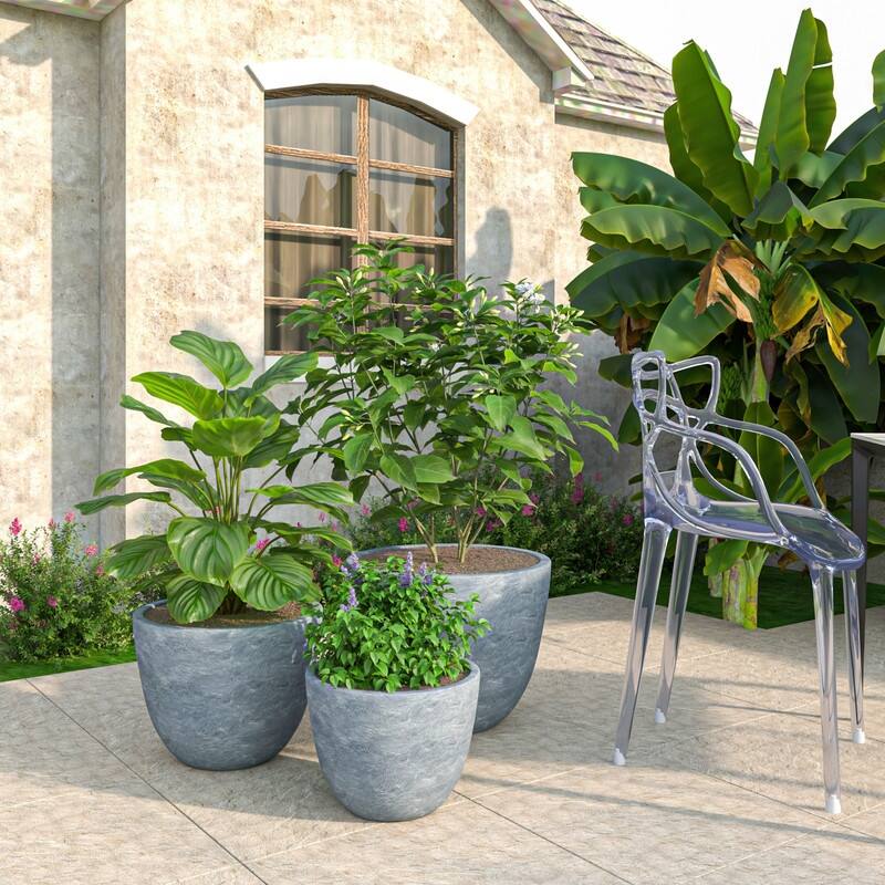 Dahlia 3-Piece Modern Round Planter Set, Durable Fiberstone & Clay Pots for Indoor & Outdoor Plants