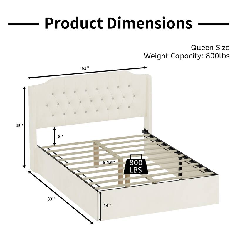 Crystal Button Accents Wingback Tufted Headboard Bed Frame, Platform Bed with Under-Bed Storage Space, Wood Low Profile Bed