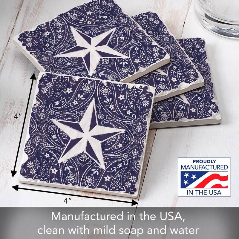 Blue Bandana Star 4-Pack Tumbled Tile Stone Coasters with Protective Cork Backing Manufactured in The USA