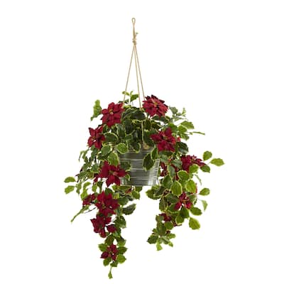 3.5' Poinsettia and Variegated Holly in Hanging Bucket (Real Touch) - 3.5"
