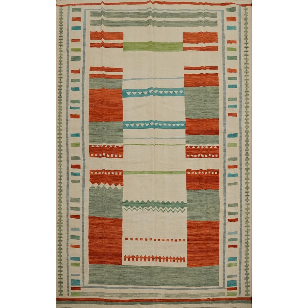Hand Woven Oriental 100% Wool Carpet Southwestern Tribal Beige & Ivories Kilim Area Rug - 12' 10'' X 9' 10''