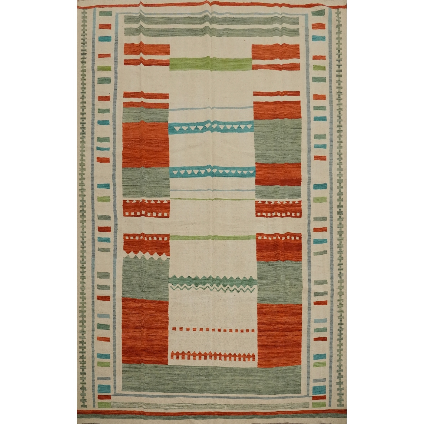 Hand Woven Oriental 100% Wool Carpet Southwestern Tribal Beige & Ivories Kilim Area Rug - 12' 10'' X 9' 10''