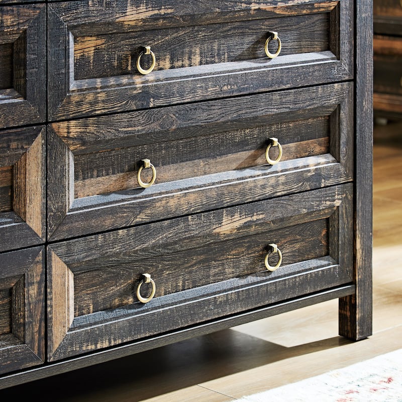 Farmhouse Style 8-Drawer Double Dresser with Rustic Wood Wide Finish and Metal Ring Handle