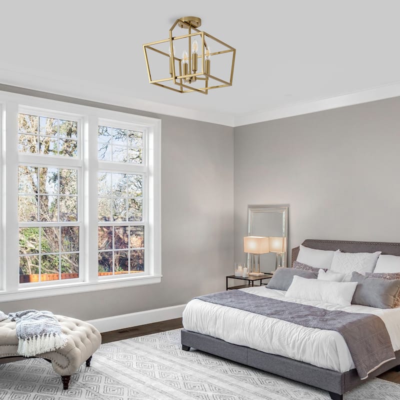 Modern 4 - Light Semi - Flush Mount, Gold Geometric Cube Design