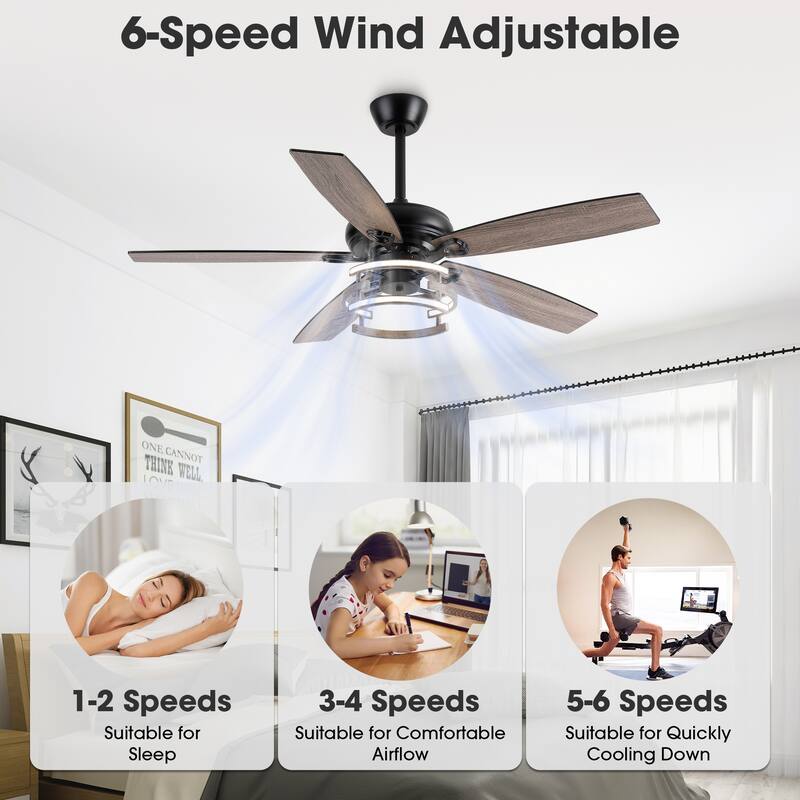 52" Farmhouse Matte Black Reversible Integrated LED Dimmable Reversible Ceiling Fan with Light and Remote