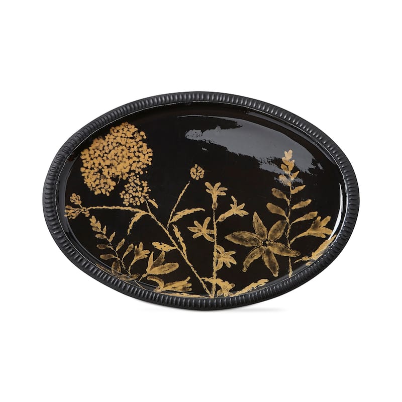 Field Flower Tray Black with Gold Flower Print Decorative Tray, Iron 15.68L x 11.5 inch