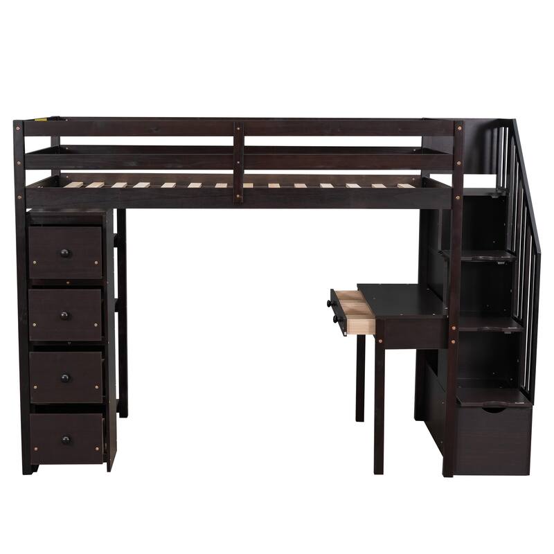 Twin Size Loft Bed with Storage, Desk, Stairs, and Shelves in Espresso Finish