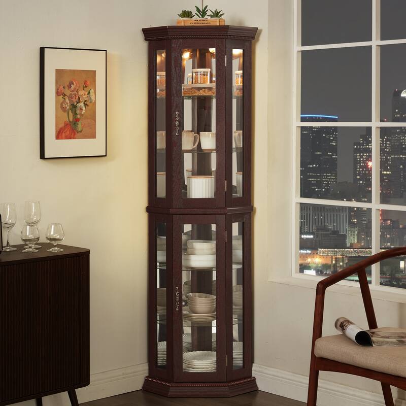 GDFStudio - Traditional Storage Corner Curio Cabinet with Lighted Glass Shelves
