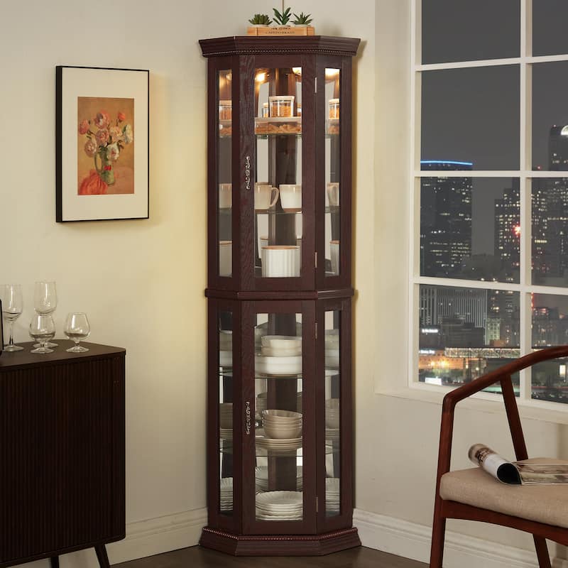 Lighted Corner Curio Cabinet, Floor Standing Glass Display Cabinet, China Cabinet with Tempered Glass Doors & Adjustable Shelve