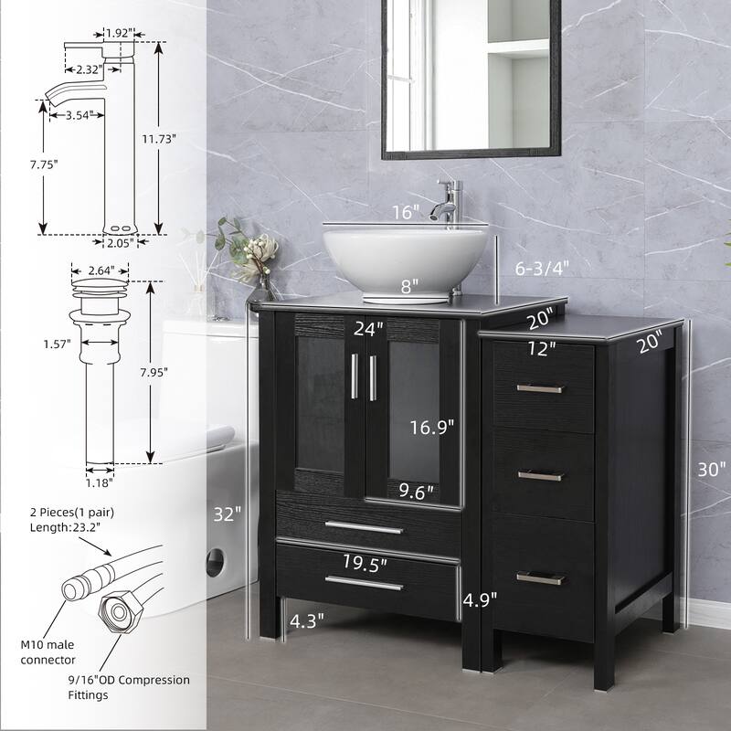 eclife 36" Bathroom Vanity Black Set with Side Cabinet Vessel Sink Faucet Combo