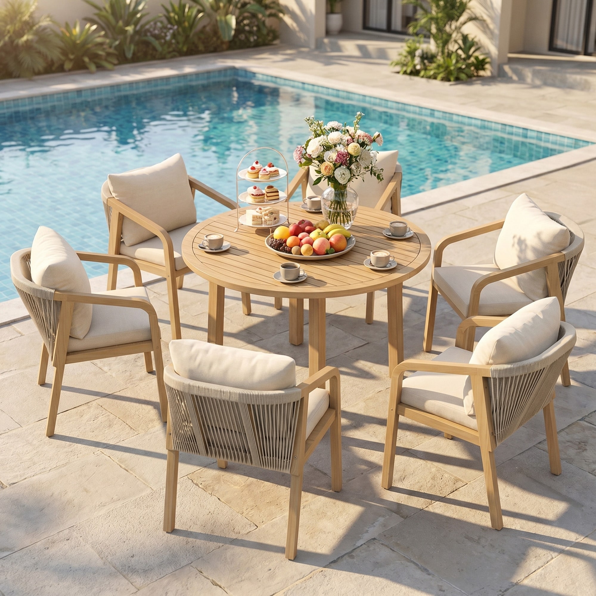 acacia wood outdoor dining table patio with umbrella hole Rectangular Wooden for 6 People, 67" Sled-Leg adding great practicality to outdoor dining JARDINA Outdoor Wood & Rope