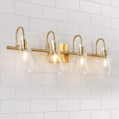 Liniya 4-light Modern Large Size 29'' Bathroom Vanity Light Brass Gold with Horn Seeded Glass