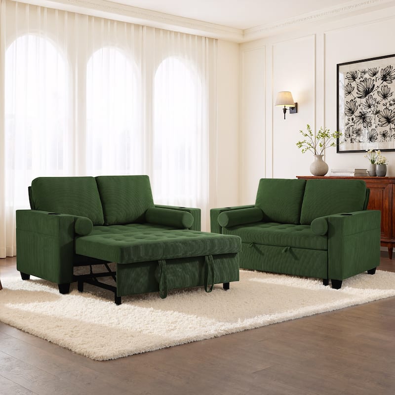 2 Set Corduroy Convertible Sleeper Sofa Bed Loveseats with Cup Holder, USB Ports & Storage - Green