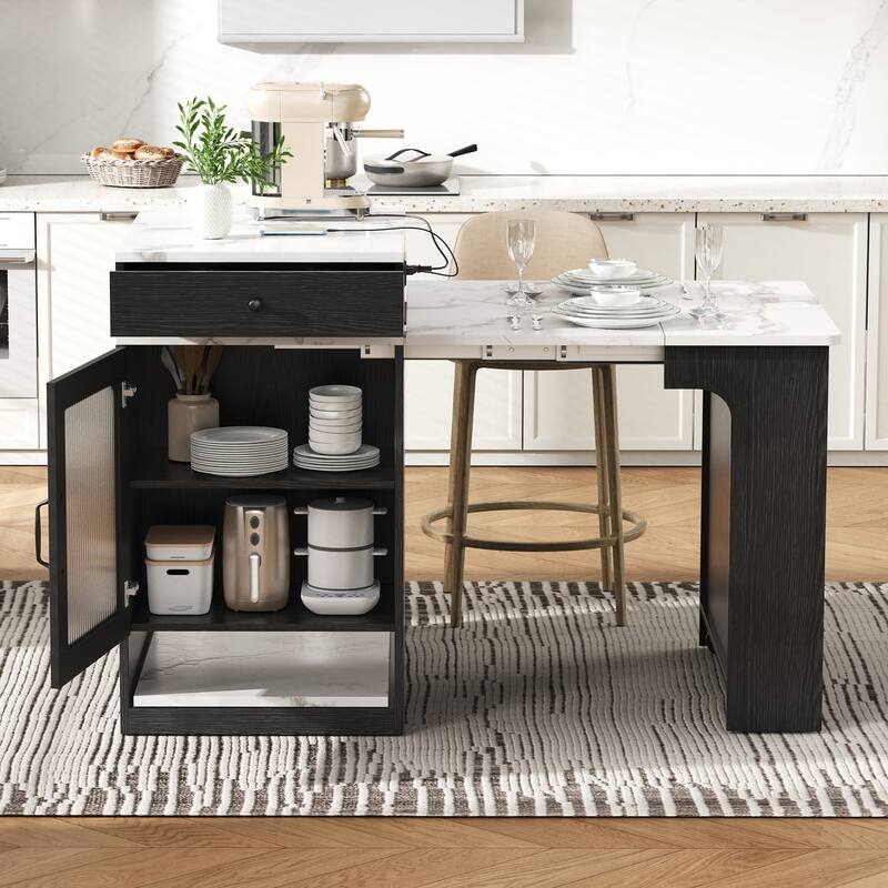 Kitchen Island with Extendable Dining Table, Kitchen Storage Table with 2 Drawers, Power Outlet, Open Shelves, for Diningroom