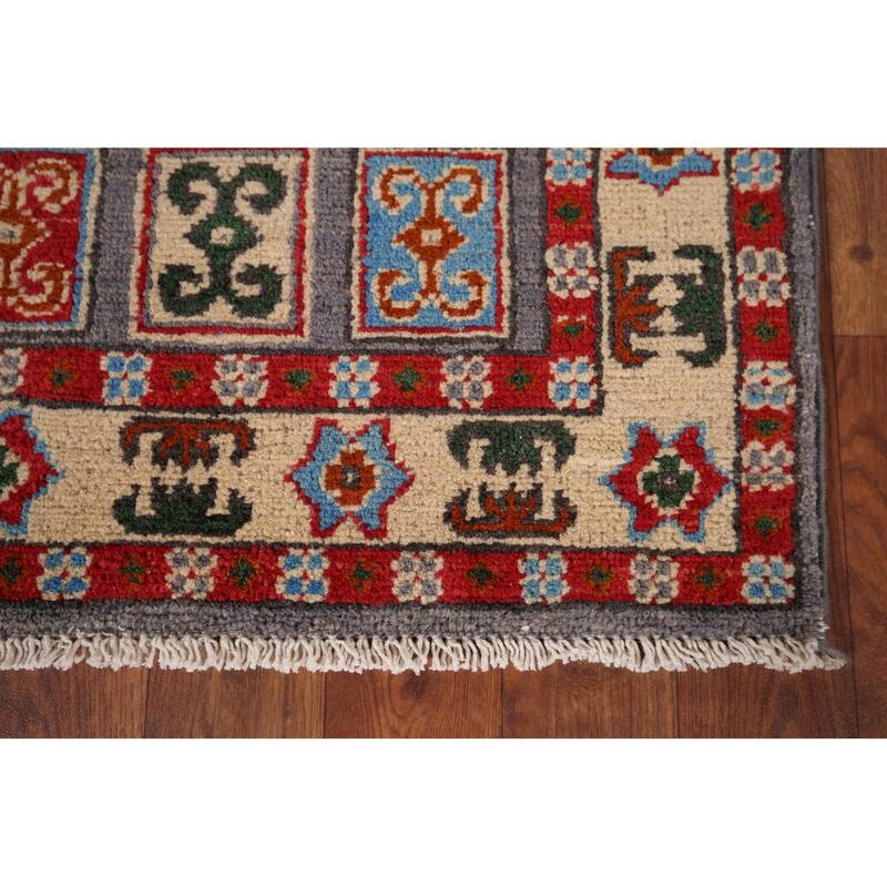 Geometric Grey Kazak Foyer Rug Hand-Knotted Wool Carpet - 2'8" x 3'11"