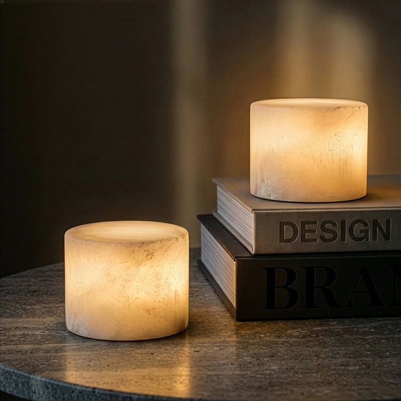 Brightech Rhea 2.3 in. LED Marbled Natural White Alabaster Stone Modern Industrial Battery Powered Bedside Nightstand Desk Lamp