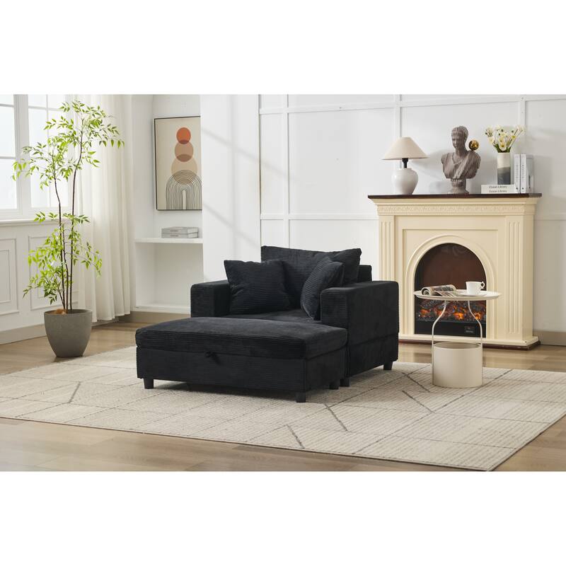 Chaise Lounge Chair with Removable Ottoman, Modern Accent Armchair Corduroy Sleeper Sofa Chair with Pillows for Living Room