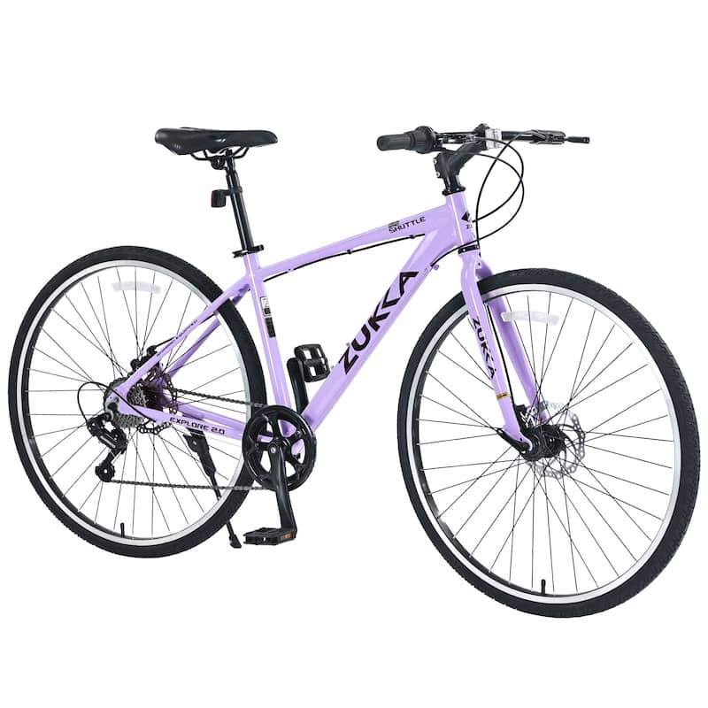Shimano 7 Speed Hybrid Bike 700C Road Cycling Bicycle, Urban Commuter Bicycles with Double Disc Brakes, Aluminum Alloy Frame - Purple