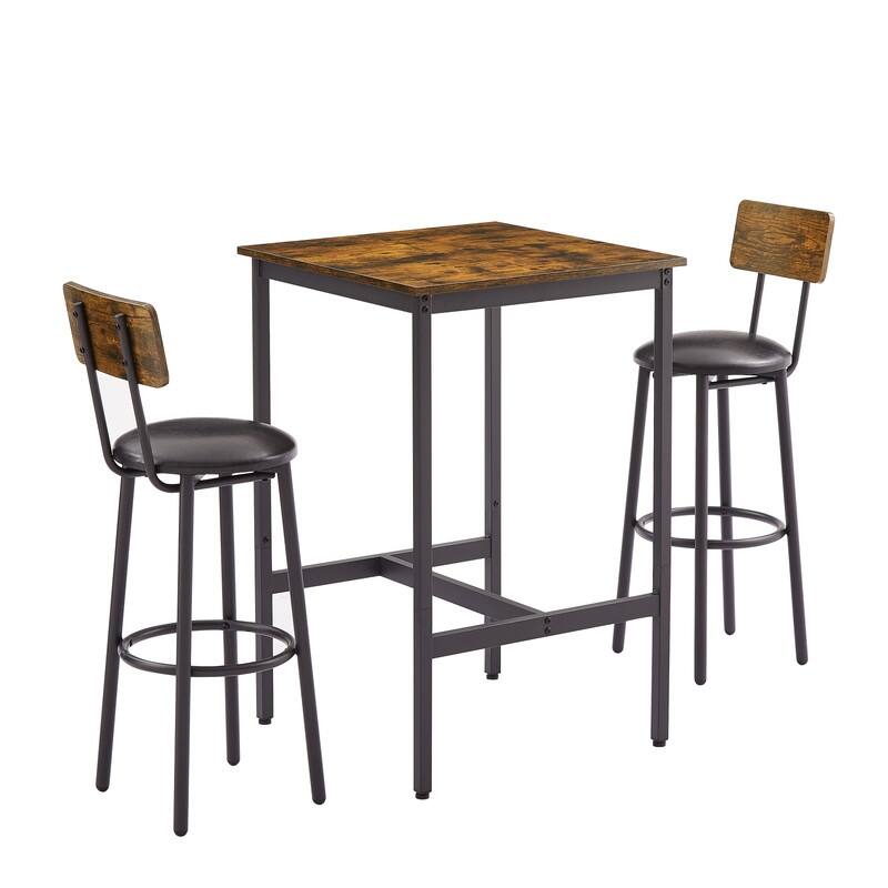 Eureka Industrial Bar Table Set, 3-Piece Dining Table and PU Upholstered Stools Set, Small Counter Height Pub Bistro Table Set
