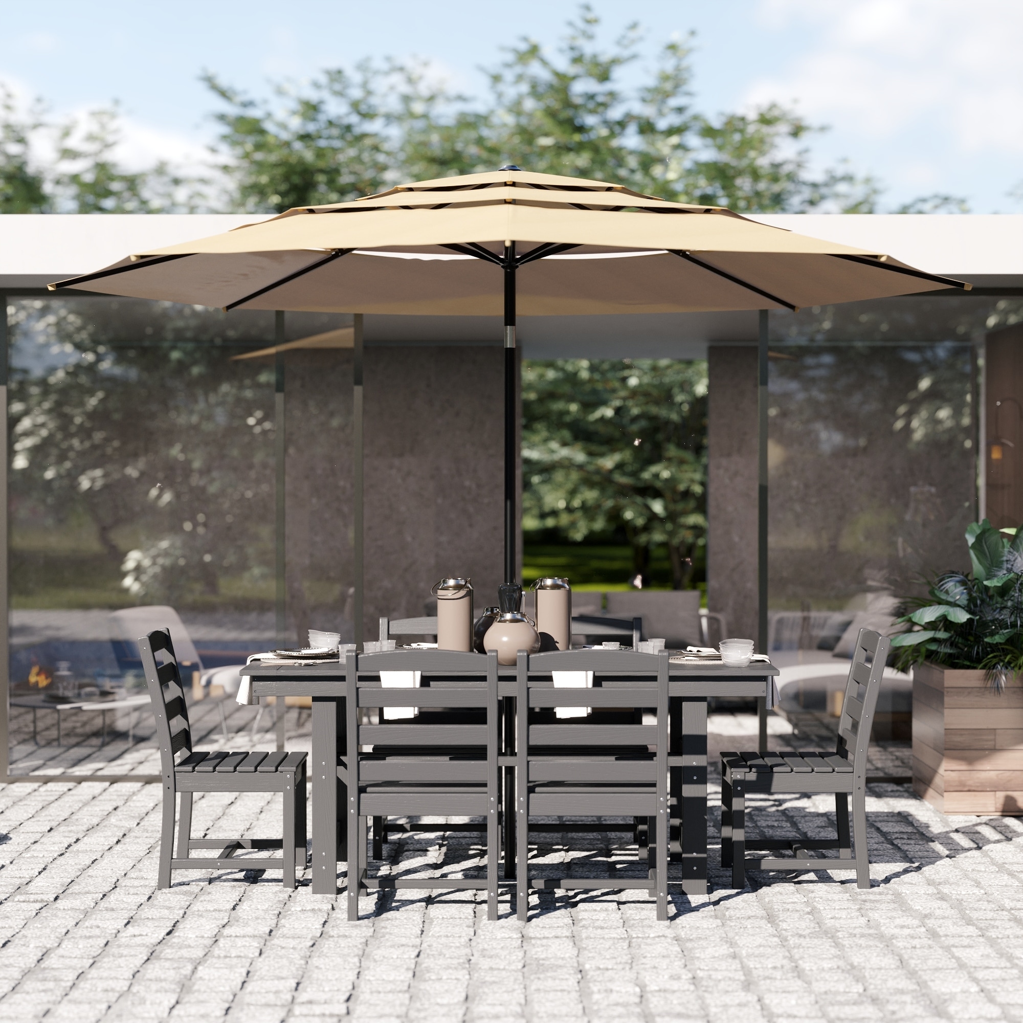 Outdoor Dining Table and Chair Set: HDPE Material, Wood - Grain Design