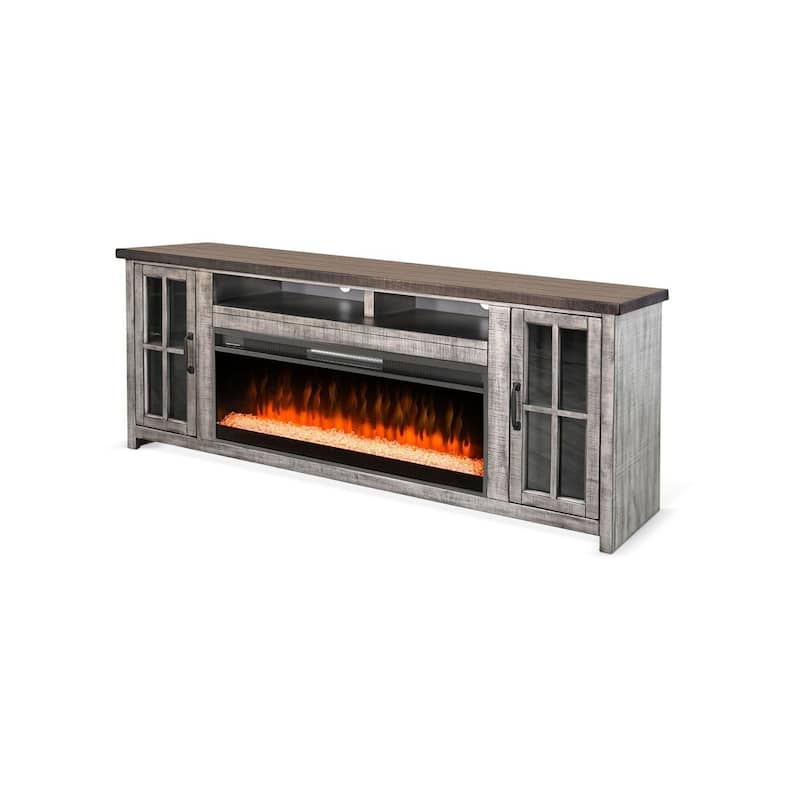 Gery TV Console w Crystal Fireplace, 76 Inch, 2 Cabinets, Gray Brown Mahogany