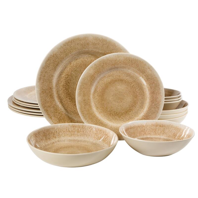 Gibson Home Casper Court 16-Piece Melamine Dinnerware Set - Reactive Glaze Look Plates and Bowls, Service for 4 - Beige
