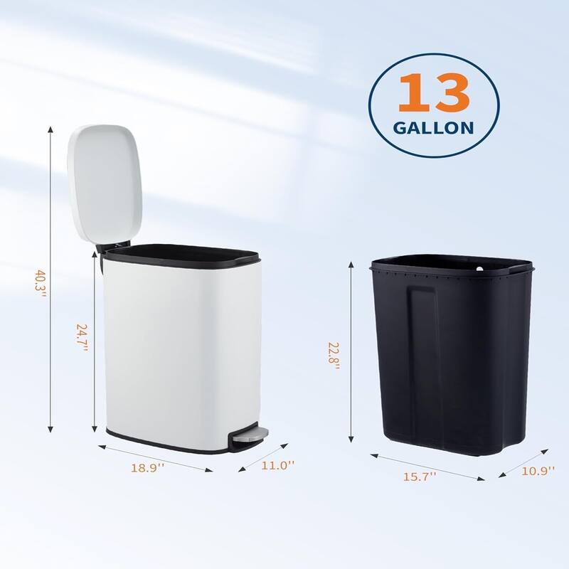 13-Gallon Slim Stainless Steel Trash Can with Soft-Close Lid - Narrow Design