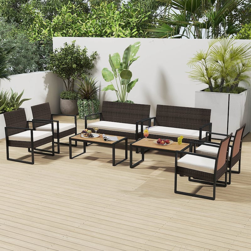 Gymax 8 Pieces Patio Furniture Set PE Rattan Porch Chairs w/ Loveseat - White