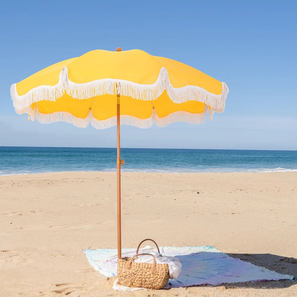 MAISON ARTS 7ft Patio Fringe Umbrella Outdor Tassel Beach Umbrella with Push Botton Tilt UPF50+