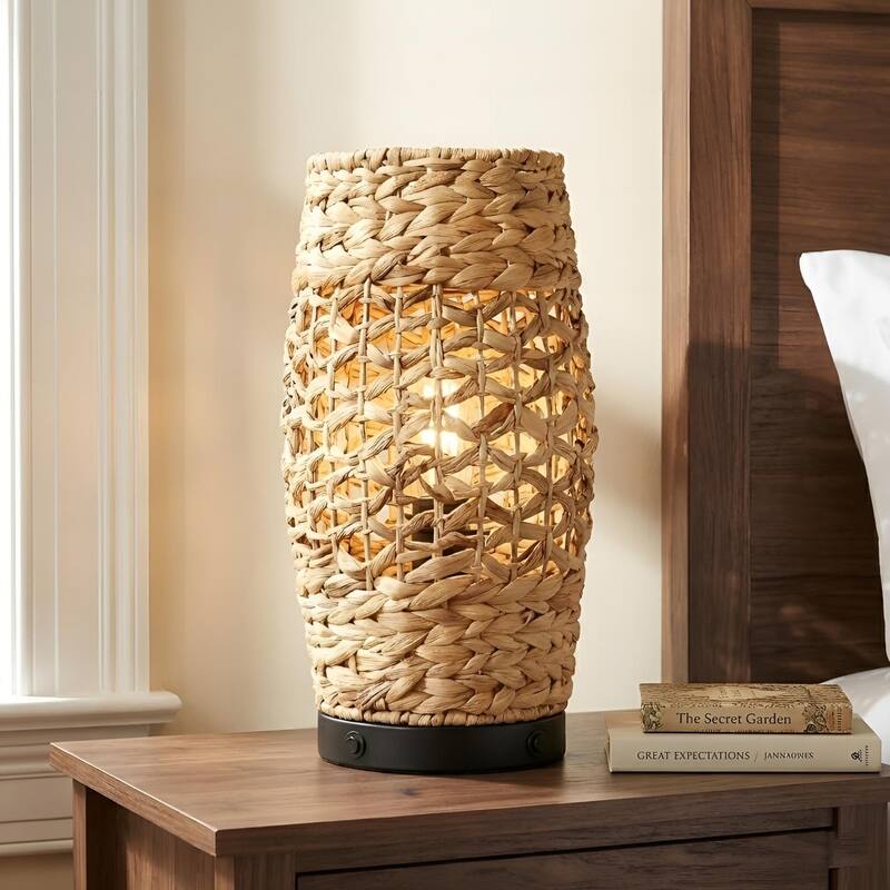 Acroma Rattan Decorative Table Lamp with Black Metal Base