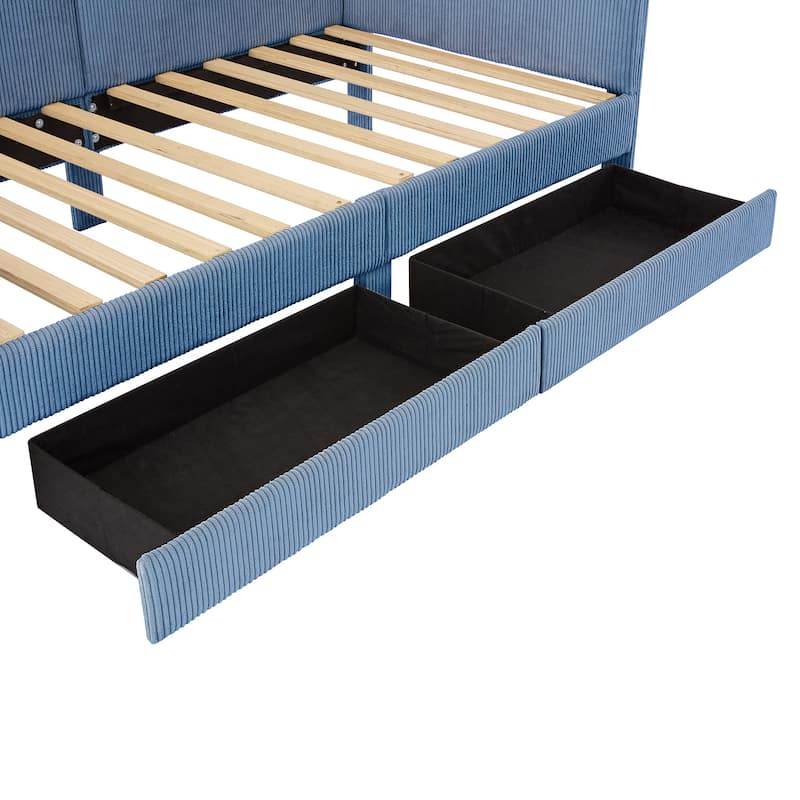 Twin Size L-Shaped Corduroy Daybed with Two Storage Drawers for Bedroom