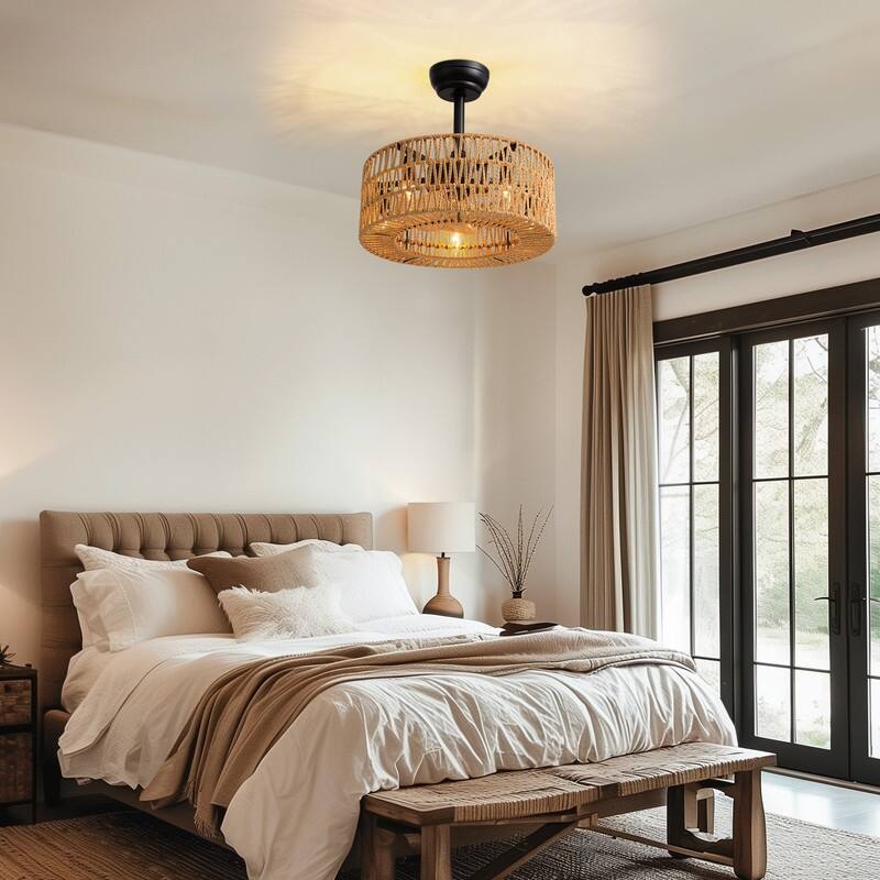 18 in. Boho Caged Ceiling Fan with Light Rattan Farmhouse Fandelier Low Profile Ceiling Fan for Bedroom Kitchen Living Room