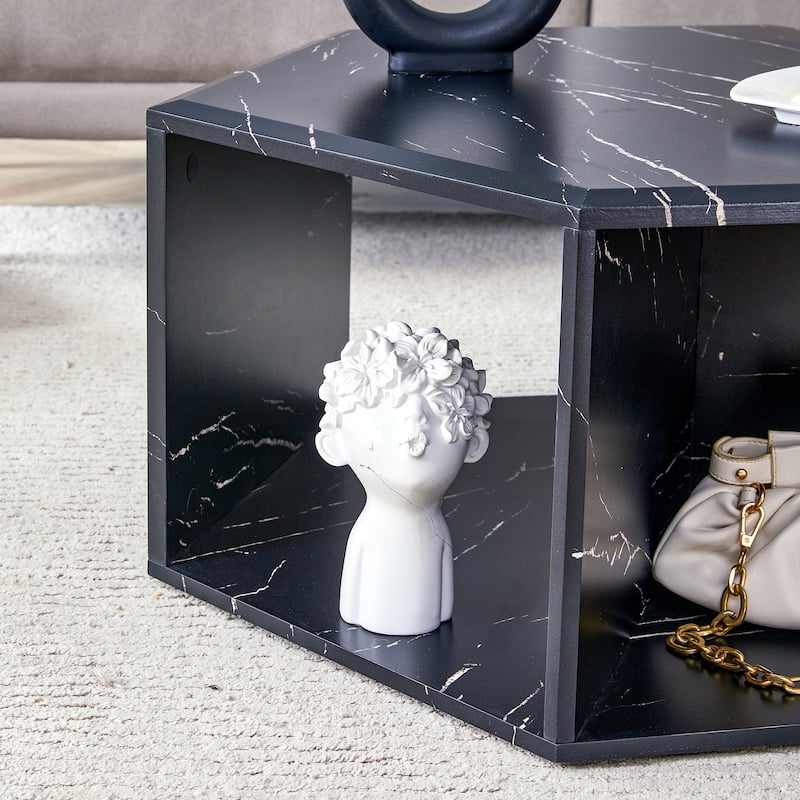 Hexagonal Coffee Table with Open Storage Space Multifunctional Wooden Side Table Small Apartment Center Table