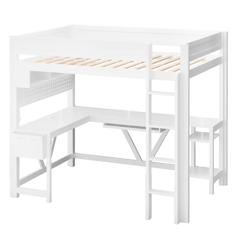 Wood Full Size Gaming Loft Bed Frame with Computer Desk, Grid Storage Panel, Storage Shelves, Cabinet, LED and Charging Station