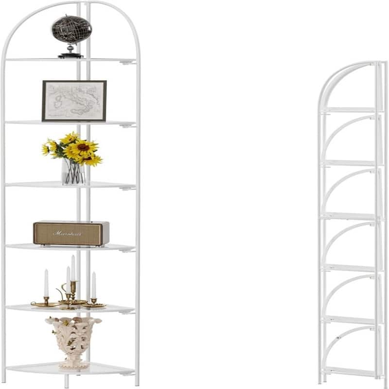 Crofy Foldable 6 Tier Corner Shelf - White Frame & Transparent Shelf