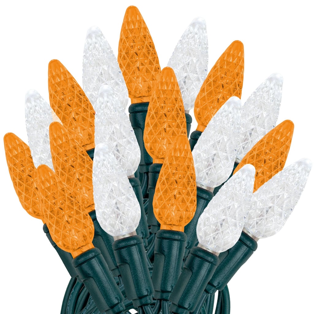 70 Light C6 LED Christmas Mini Light Set, Orange/Pure White, Green Wire, 24 Feet - Large
