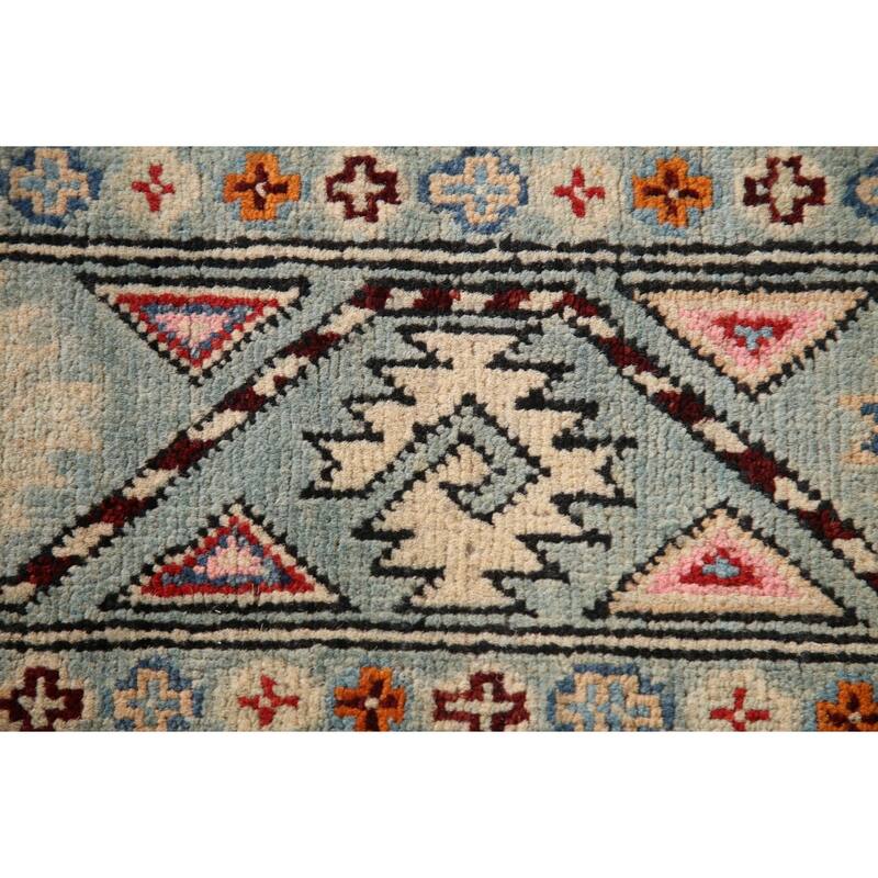 Geometric Kazak Rug Hand-Knotted Blue Wool Carpet - 3'3"x 4'11"