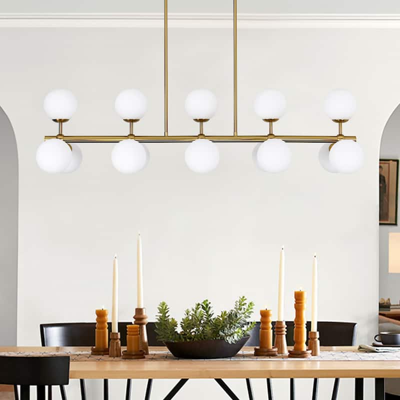 44in W Linear Mid Century Modern Chandelier 15 Light Gold Brass Sputnik Pendant Light with Frosted Glass Globe for Dining Room