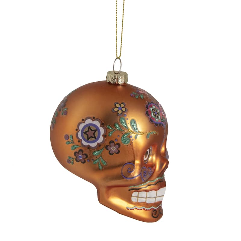 4" Orange Day of the Dead Glass Skull Ornament