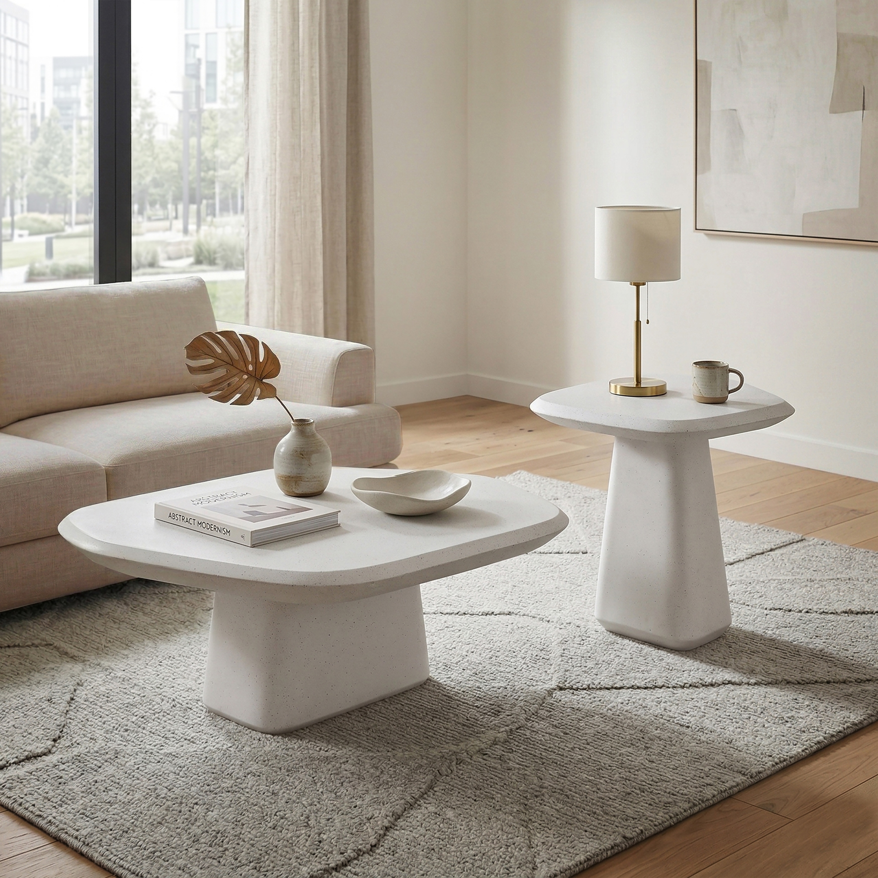 Furniture of America Pebba Modern 2-Piece White Ceramic 37-inch Coffee Table Set