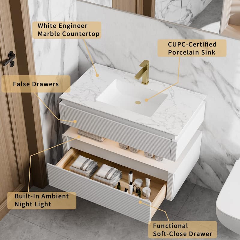 Modland 36" Modern Wall-Mounted Bathroom Vanity with Engineered Stone Countertop & Ceramic Undermount Sink