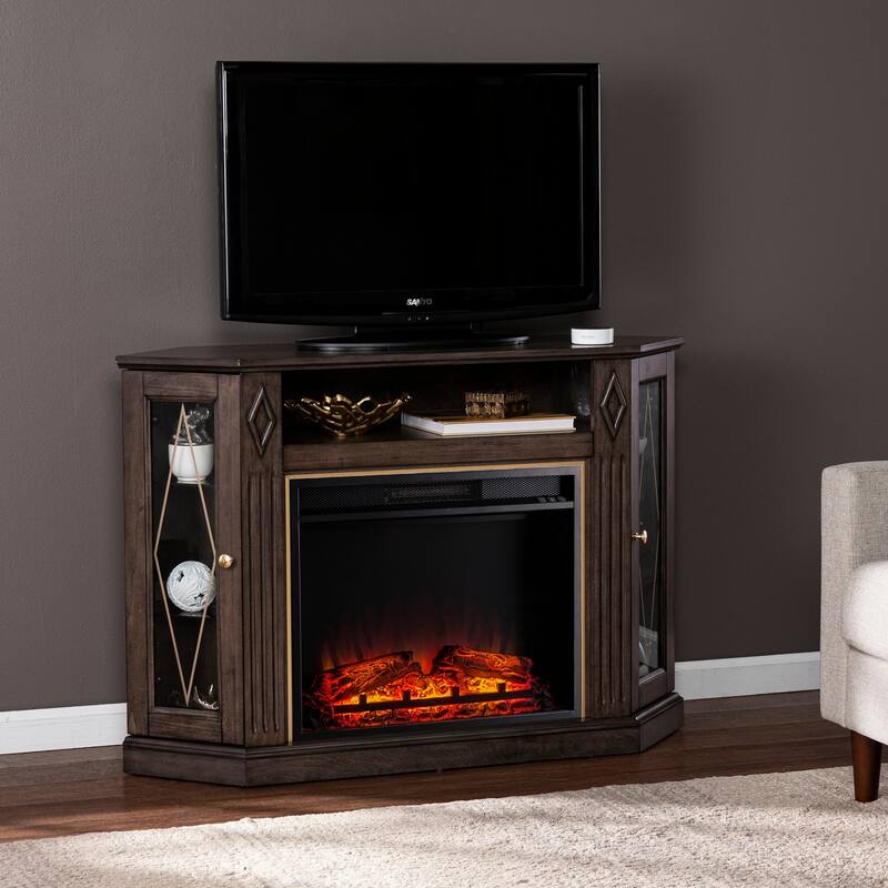 47 in. Freestanding Wood Smart Electric Fireplace TV Stand in Brown with large storage cabinet space