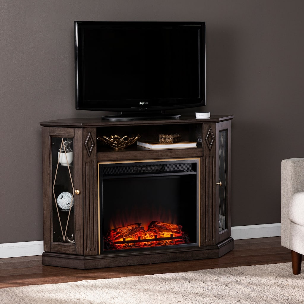 47 in. Freestanding Wood Smart Electric Fireplace TV Stand in Brown with large storage cabinet space