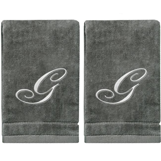 Soft Velour Silver Monogrammed Towels Fingertip - Set of 2 - G