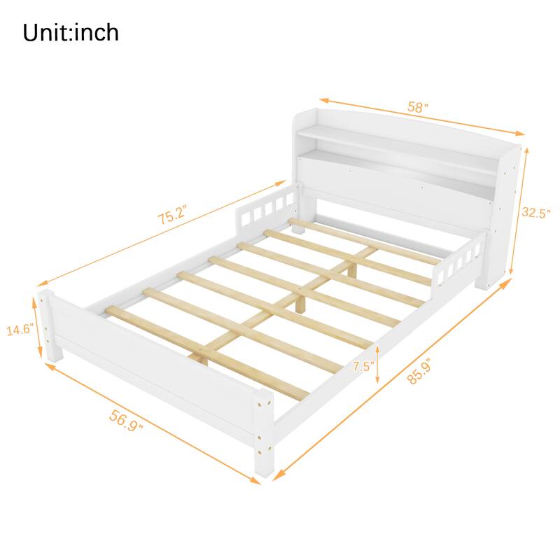 Full Pine Wood Bed with Bookcase Headboard, LED Motion Sensor Light & Bed Guardrails in White