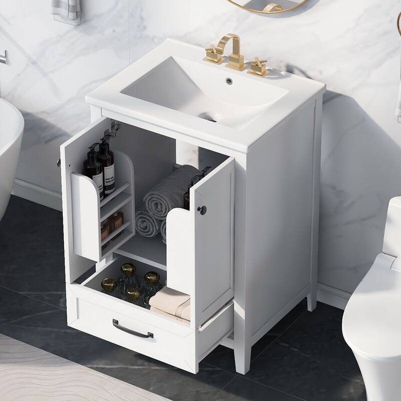 24" Bathroom Vanity with Sink - Modern Freestanding Cabinet, Solid Wood & MDF, Storage Drawer & Doors - 24 in ,White ,Solid Wood+MDF - White