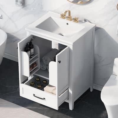 24" Bathroom Vanity with Sink - Modern Freestanding Cabinet, Solid Wood & MDF, Storage Drawer & Doors