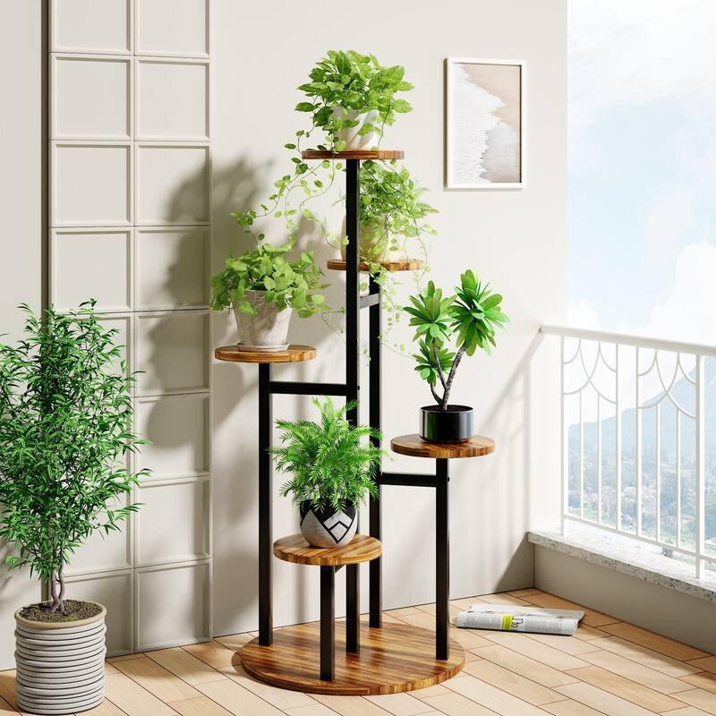 VECELO 5-Tier Metal Plant Stand Heavy Duty Indoor Outdoor Flower Stand with Waterproof MDF Shelves Multi-Level Display Stand