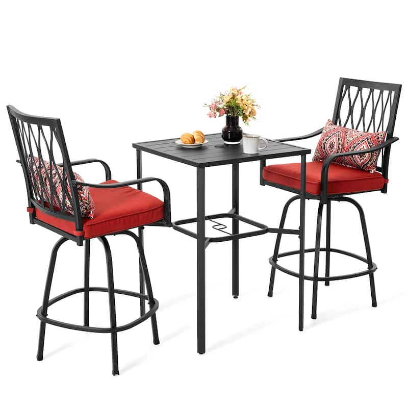 Outdoor 3PCS Metal Swivel Bar Set with Umbrella Hole and Padded Cushions